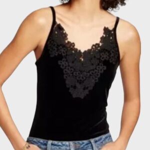 J219 Xhilaration Lace Velour Bodysuit In Black